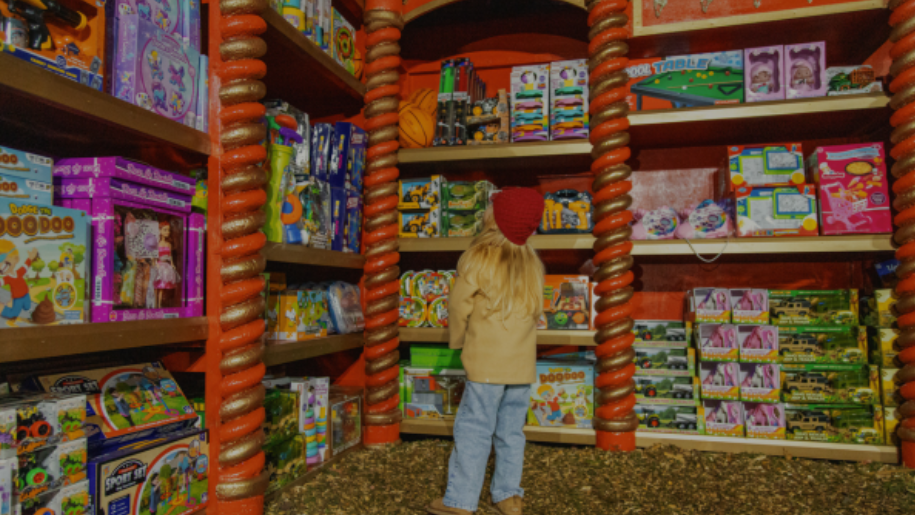 child looking at shop shelves