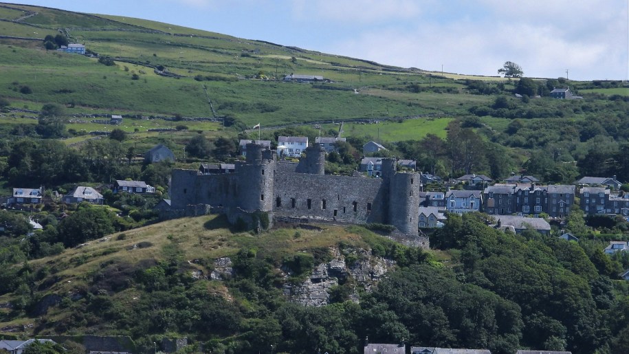 The exterior of Harlech Castle viewed across the golf course.