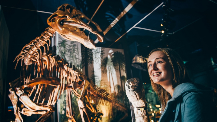 girl looking at dinosaur skeleton at National Museum Cardiff