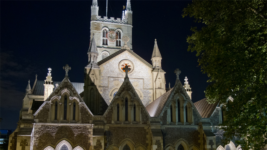 exterior of cathedral at night