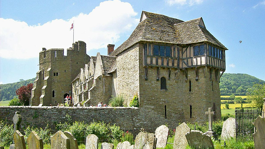 The exterior of Stokesay Castle in Shropshire from the adjacent graveyard.