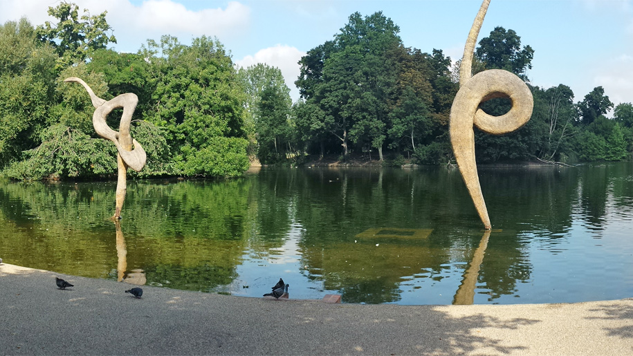 sculptures in pond