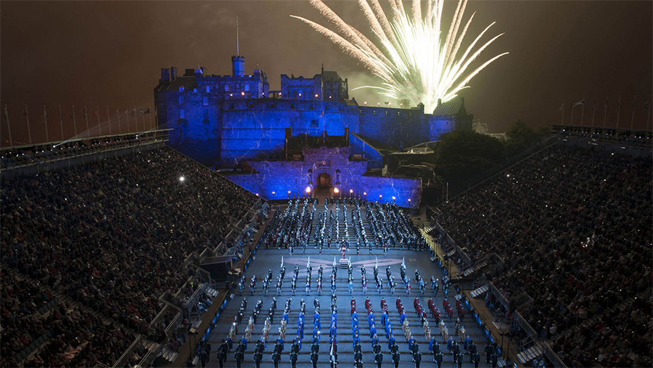 castle at night with fireworks