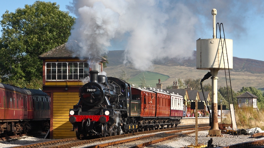Steam train at Embsay and Bolton Abbey train line in North Yorkshire.