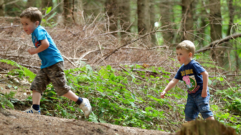 children running through forest