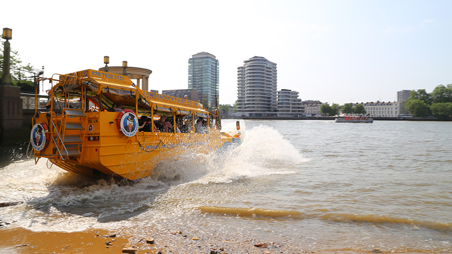 London Duck Tours boat going onto the Thames