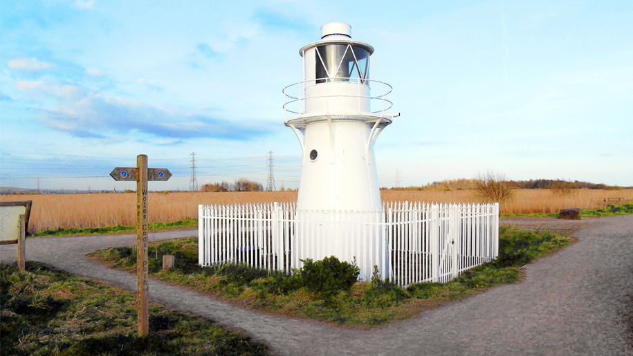 The lighthouse at RSPB Newport Wetlands reserve in South Wales.