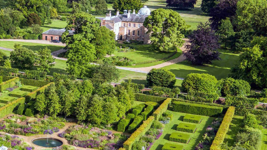aerial view of scampston hall and garden