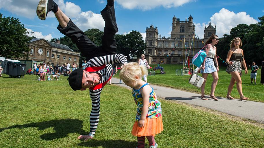 child and stunt man at Splendour Festival