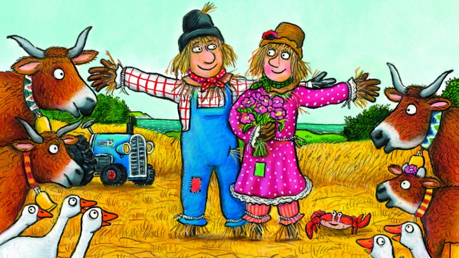 drawing of scarecrows and animals