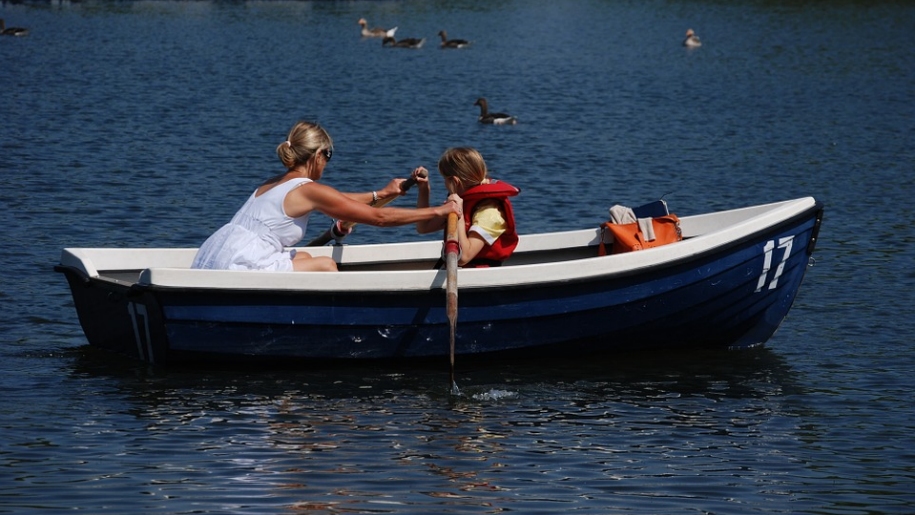 mother and daughter rowing boat