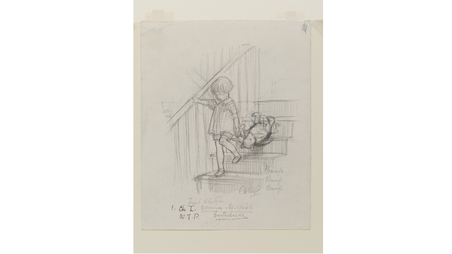 'Bump, bump, bump', Winnie-the-Pooh chapter 1, pencil drawing by E. H. Shephard, 1926. © The Shepard Trust, reproduced with permission from Curtis Brown