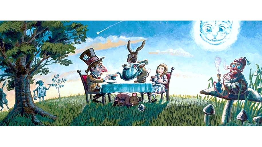 Alice in Wonderland sitting at the table for tea