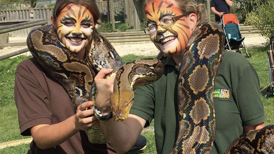 women with tiger face paint holding snakes