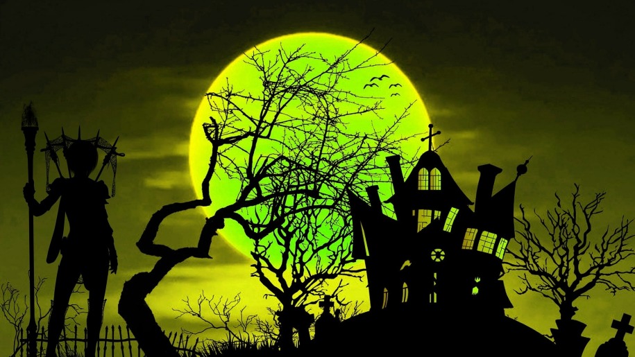 Night-time Halloween scene.