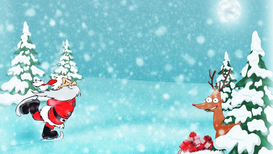 cartoon of santa ice skating with a reindeer watching