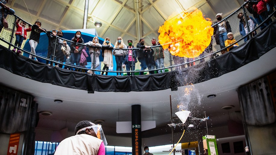 ball of fire and audience at Winchester Science Centre