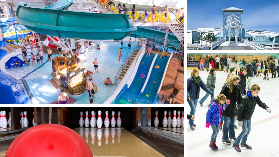 collage of swimming pool, bowling and skating at Guildford Spectrum