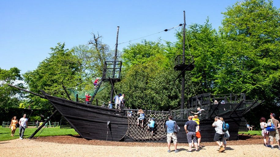 Large black pirate ship adventure playground at Bowood House