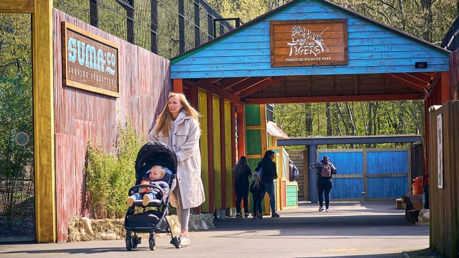 woman and pram at entrance to Paradise Wildlife Park