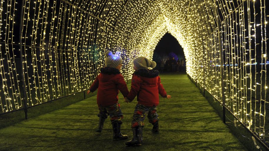 Toddlers in illuminated tunnel at Winter Glow