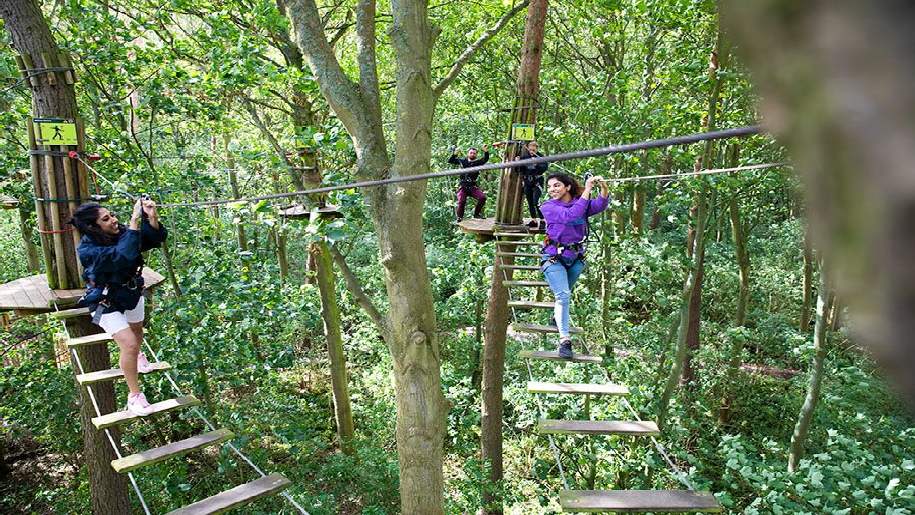 Go Ape Leeds Castle - three people walking on a ropeway in the forest