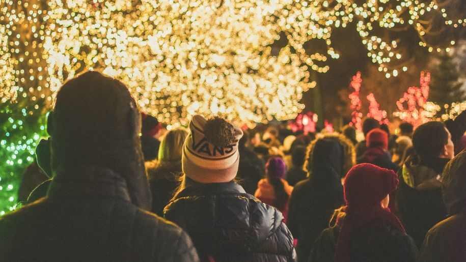 Christmas lights over a crowd