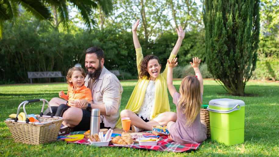 A family enjoying a picnic on grass.