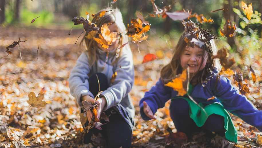 girls playing in the autumn leaves