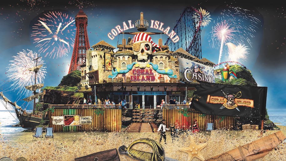 Coral Island collage graphic pirate theme Blackpool tower,