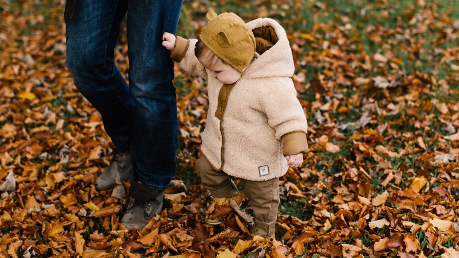 Toddler walking through autumn leaves.