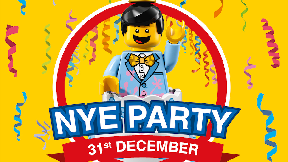 Yellow graphic of Lego man for NYE party