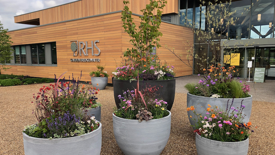 RHS Bridgewater entrance with six flower pots
