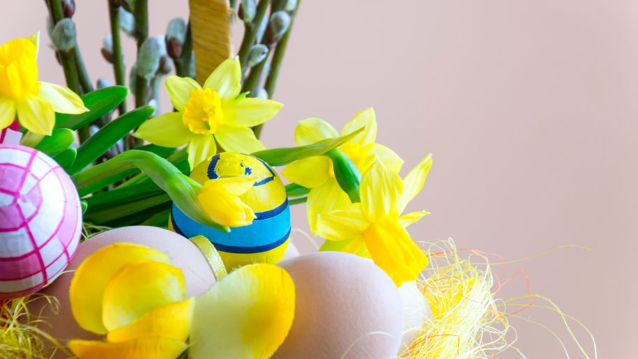 Easter eggs and spring flowers.