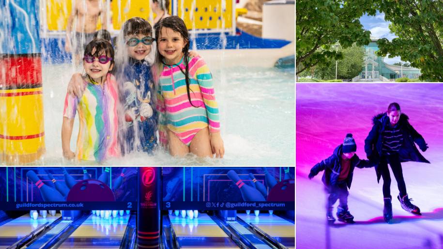 collage of activites at Guildford spectrum including swimming and ice skating