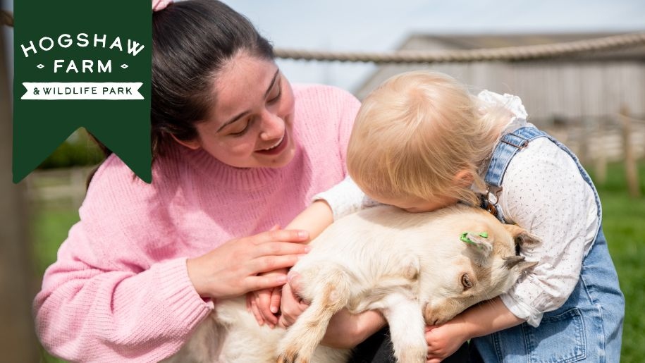 Mother and toddler cuddling a goat kid at Hogshaw Farm.