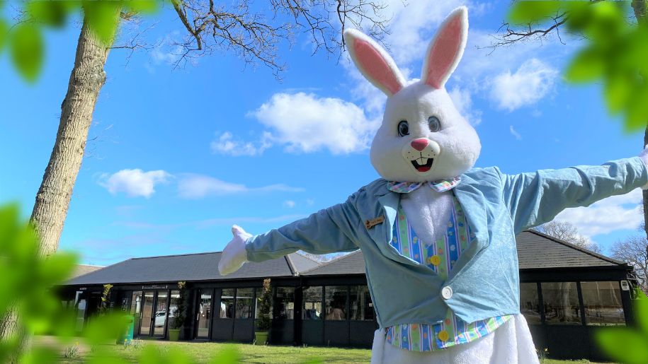 A large white Easter Bunny children's character at Wellington Country Park.