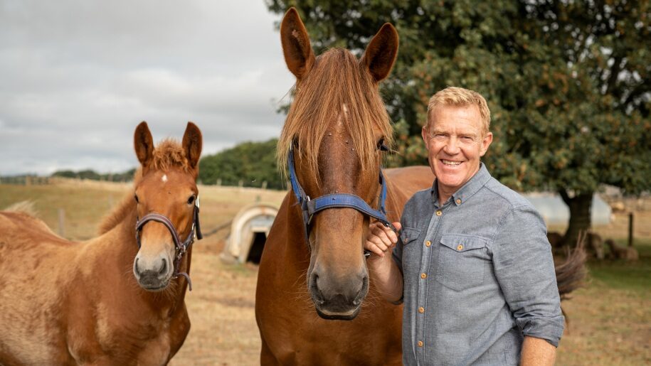 Adam Henson with a chestnut mare and foal at Cotswold Farm Park in Gloucestershire.