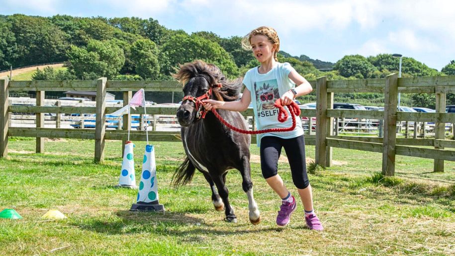 A child running a course with a donkey at The Isle Of Wight Donkey Sanctuary