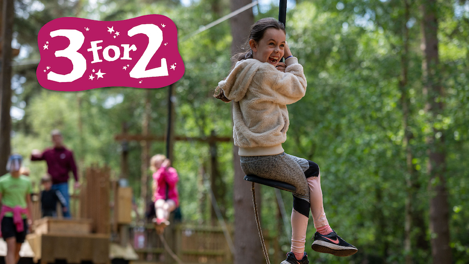 BeWILDerwood Cheshire zip wire chair with girl on 3 for 2 offer