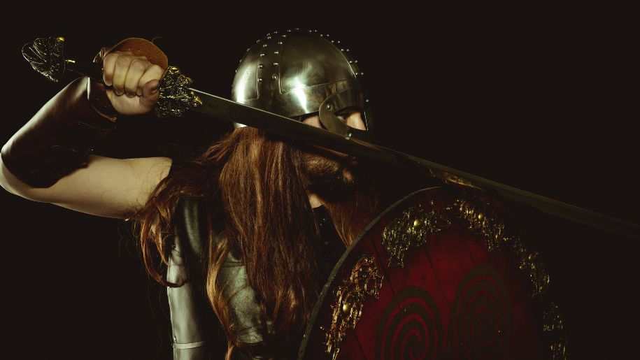 Re-enactor dressed as a Viking warrior.