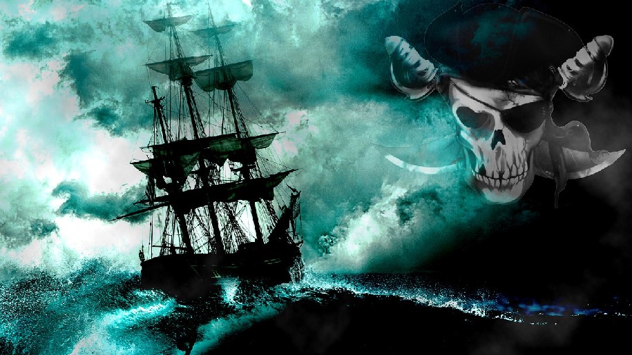 Generic Pirate Ship on the high seas with silhouette