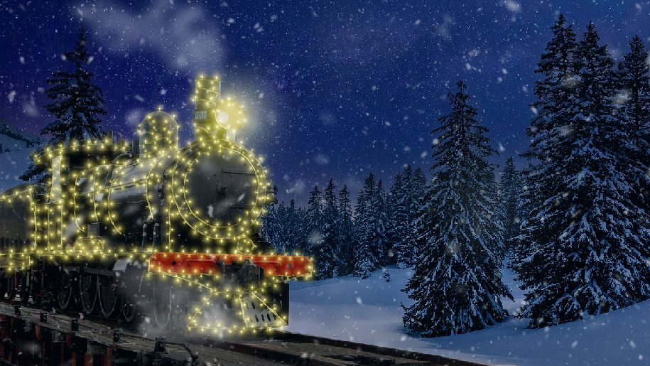 Generic Train with Christmas lights in a snowy tree scene