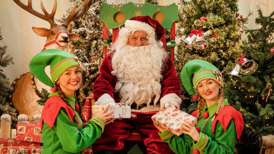 Christmas elves posing with Santa