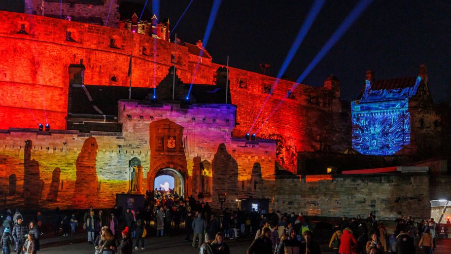 Edinburgh Castle lit up by the Castle of Light event