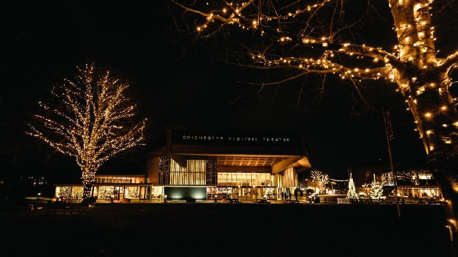Chichester Festival Theatre image of theatre with fairy lights and a Christmas tree
