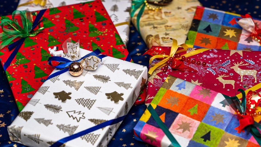 Colourfully wrapped Christmas presents.