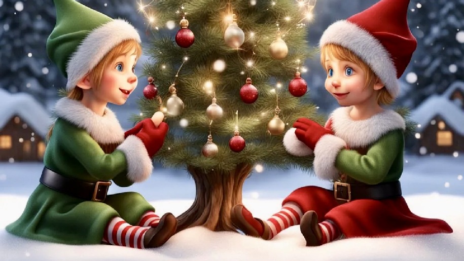 Generic Christmas Elves sitting at a Christmas Tree