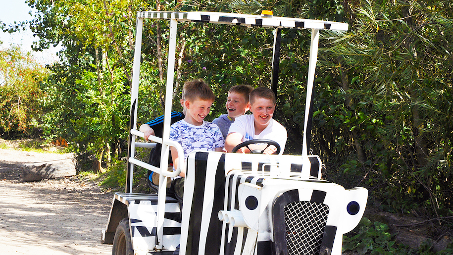 Four boys on black and white mini tractor at Diggerland