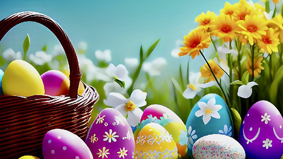 Generic Easter basket with coloured eggs and flowers in the corner